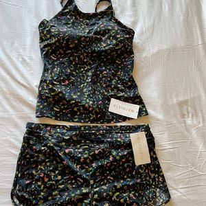 NWT Athleta swimsuit Size L Leopard High Neck Tankini and Leopard Surge Short.